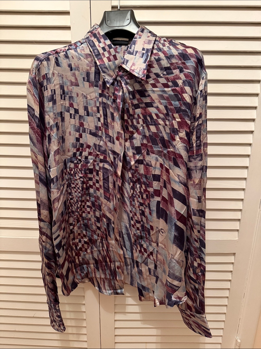 Just Cavalli men’s silk shirt Black and Gold Brand Label on Patterned Fabric